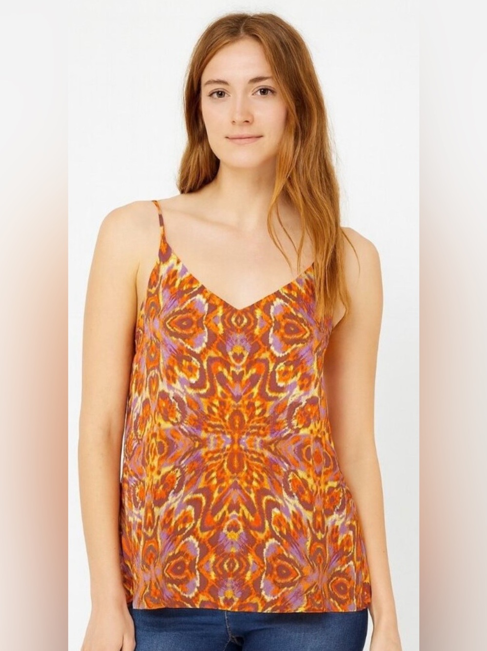 Joie—Cami, S, Orange, Lavender, Yellow Ikat Pattern, V-Neck, Adjustable Straps